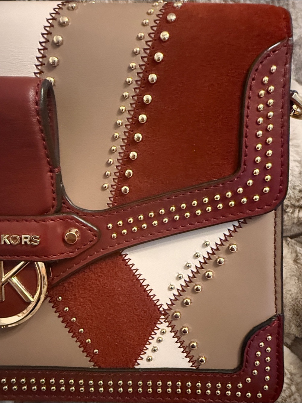 Michael Kors Burgundy, Beige and White Patchwork Crossbody Bag w/Dustbag - Picture 13 of 17